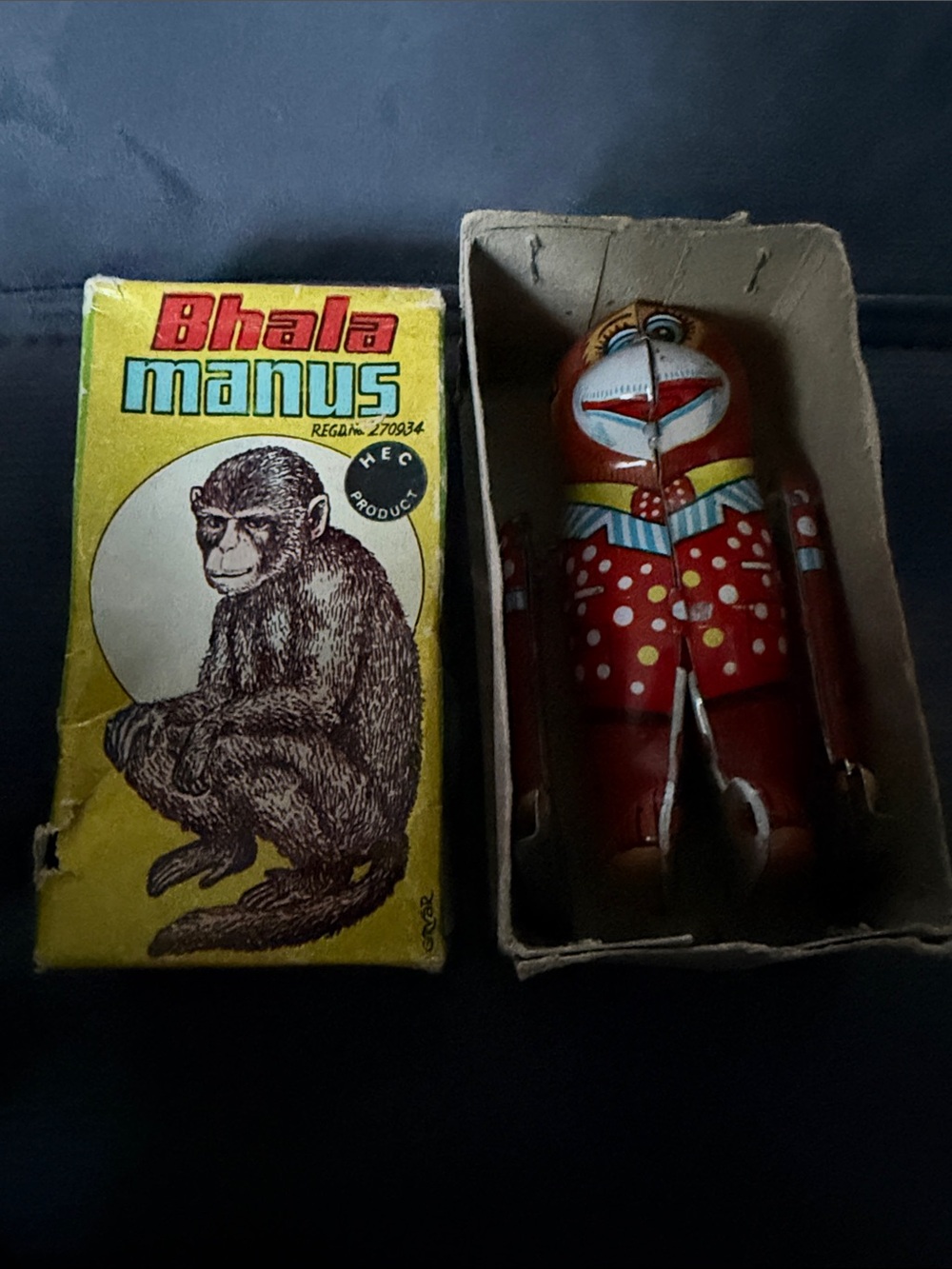 Vintage Tin Wind-Up Clown Toy - Red Polka Dot Outfit